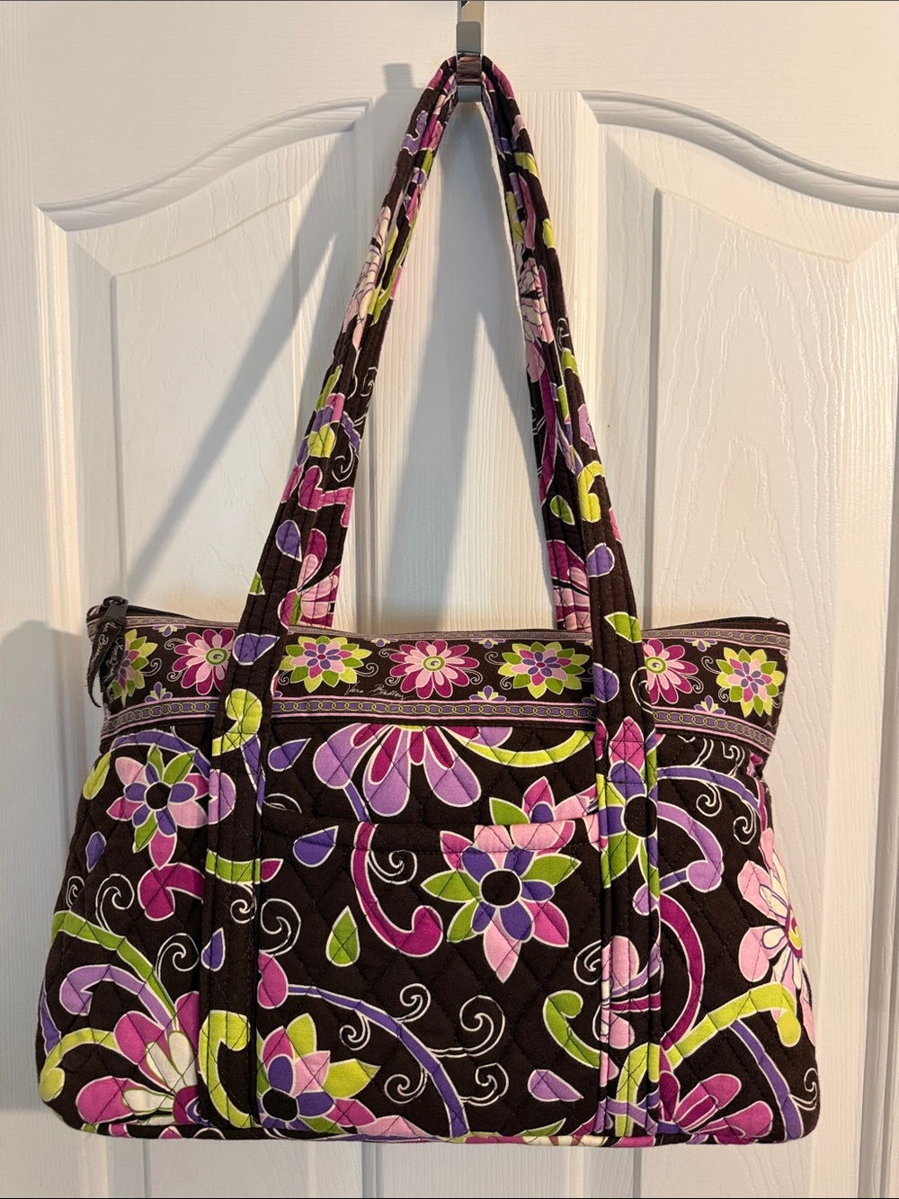 Vera Bradley Brown Quilted Floral Tote with Pink, Purple & Green Accents